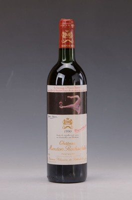 1 Flasche 1990 Chateau Mouton Rothschild, Paulliac, 75cl, 12.5% Vol., top shoulder, Rückenetikett leicht fleckig, Künstleretikett von Francis Bacon
