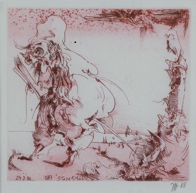 Horst Janssen, 1929-1995, Konvolut aus 2 Radierungen, beide sign., dat. 83 und 88, eins davon num. 4/60, beide unter Glas, Platte ca. 16x11,5 cm, ...