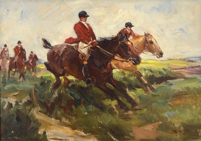 Hermann Sattler, 1892 Wunsredel - 1945 Wattersdorf, Perforcejagd, Öl/Lwd, gekonnte impress. Malerei, bewegte, ausdrucksstarke Darstellung, li. unten ...