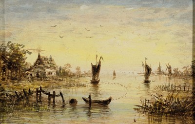 Unbekannter Künstler, Niederlande, um 1900, 2 Pendants: baumbestandene Flusslandschaften, Öl/Holz, je ca. 10x14.5cm, R. ca. 22x25cm, ein Rahmen l. ...