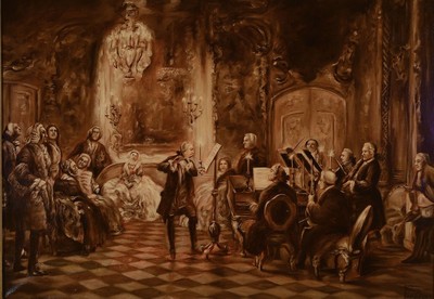Hans (Johann) Heinen, 1860 Krefeld-1943 München, Kopie nach Adolph von Menzels Gemälde Flötenkonzert Friedrichs des Großen, Öl/Lwd, rechts unten ...