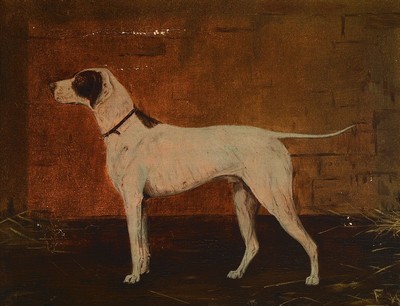 Monogrammist FW, um 1900, Ganzporträt eines Jagdhundes, Öl/Lwd, rest., rechts unten monogrammiert, ca. 28x36cm, R. ca. 43x51cm, dieser besch.
