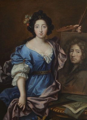 Porträtist, Frankreich, um 1760-1770, Selbstporträt einer Malerin mit Hauptwerk, erstklassige lasierende Malerei mit hochfeinem Inkarnat, direkter ...