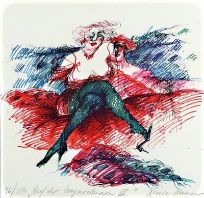 Xenia Hausner, geb. 1951, Farblithografie auf Büttenpapier, handsigniert, num. 96/500, "Auf der Leopardenwiese III", aus 1990, 28.5 x 29.5 ...