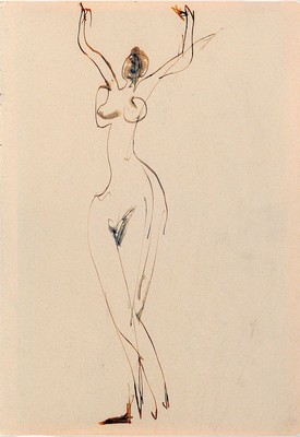 Ernst Ludwig Kirchner, 1880 - 1938, zwei lavierte Tuschezeichnungen auf chamoisfarbenem Velin (Vorderseite und Rückseite) "tanzender weiblicher ...