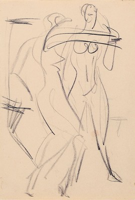 Ernst Ludwig Kirchner, 1880 - 1938, schwarze Kreidezeichnung, "zwei weibliche Akte" nach 1930, Blattgröße 29.7 x 20.5 cm, WVZ Presler ...