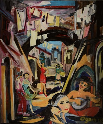Gertrud Ogem, 1919 - 1985, Berliner Künstlerin, expressionistische südliche Straßenszene, mit Wasserträgerin und Mandolinenspieler , signiert und ...