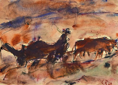 Christian Rohlfs, 1849 Niendorf/Leezen - 1938, Ochsenfuhrwerk, unten re. monogr. und dat. 1920, Aquarell auf Velin, ca. 35.7 x 49.7 cm, Rahmen 58.3 x ...