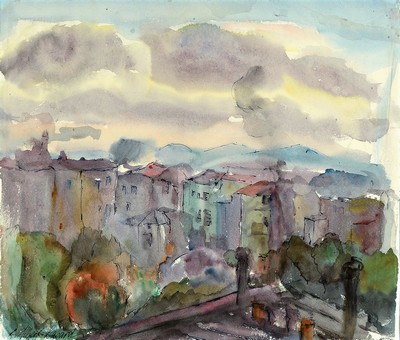 Albert Lasard, 1885 Metz - 1965 Paris, ausdrucksstarkes Aquarell, verso auf Zettel bez. "Vue de ma Terrasse 1944, signiertnum. 228, ca. 35 x 41 ...