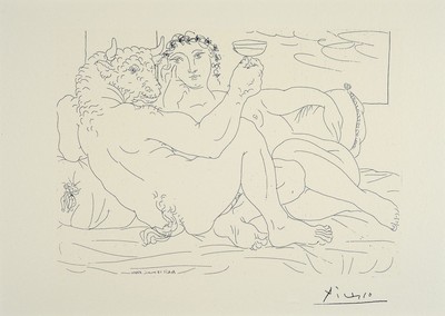Pablo Picasso, 1881-1973, Titel: Minotaurus mit...., Lithografie, Drucker Verlag: St. Museum Müllheim 1992 vergl. Block WZ 190, PP, Motiv ca. 35x45 ...