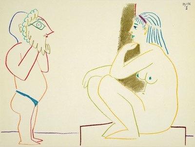 Pablo Picasso, 1881-1973, Titel: Model und ..., Farblithografie, Drucker Verlag: Mourlot, Paris 1954, PP, ca. 26x35 cm , gesamt ca. 40x50 cm