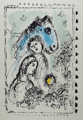 Marc Chagall, 1887-1985, Titel: Blaues Pferd mit Paar, Drucker Verlag: Mourlot 993, PP, Motiv ca. 40x28 cm, gesamt ca. 50x40 cm, gebrsp. zusehen