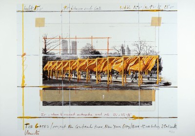 Christo, 1935 - 2020, kleine Edition einer Offsetlitho, "The Gates",handsigniert, num. 32/35, von 1994, 59.5 x 84 cm, unter Glas, Rahmen: ...