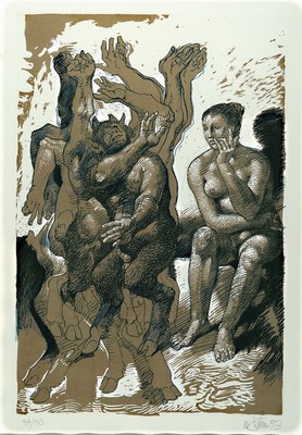 Willi Sitte, 1921 Kratzau - 2015 Halle, Litho auf dickem Büttenpapier, Satyr und Frauenakt, signiert, num.47/50, gesamt: ca. 94 x 63 cm unter Glas ...