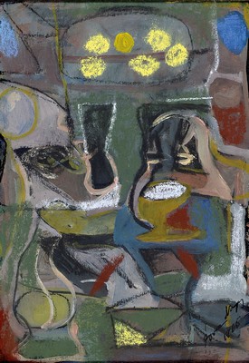 Eva Nagy, 1921 - 2003, Tempera und Öl/ Papier, abstr. Stillleben, re. u. signiert und dat. 1965, PP. 19.5 x 14 cm, unter Glas Rahmen: 33 x 26.3 cm, ...