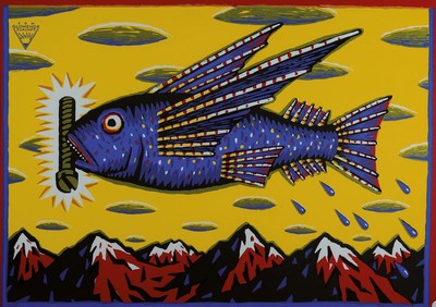 Henning Wagenbreth, geb. 1962, glühende Zukunft, handsigniert und num. 32/35, Farbsiebdruck, ca. 59.4 x 84 cm, unter Glas, Rahmen