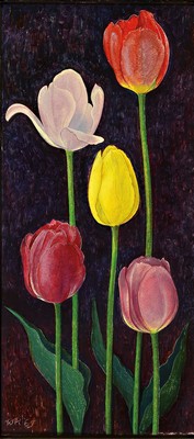 Willi Hertlein, 1908 - 1968, Stillleben mit Tulpen, Öl/Platte, signiert, direkt aus dem Künstler-Nachlass, ca. 55 x 26cm, unter Glas, Rahmen: 62 x ...