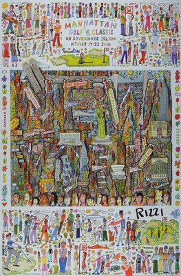 James Rizzi, 1950 - 2011, "Manhattan Golf classic", Offset auf Hochglanzpapier, handsigniert, zum ersten jährlich stattfindenden Golf ...