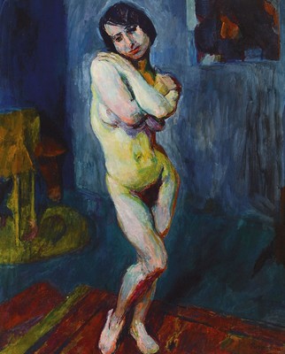 Hans Purrmann, 1880 Speyer - München 1966, stehender Frauenakt, Öl/Lwd, signiert, aus 1914, früher expressiver Akt in typ. Manier der ...