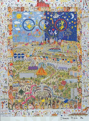 James Rizzi, 1950 - 2011, Litho, "A village for the World", handsigniert, dat. 96, ca. 90 x 71 cm, 107 x 77 cm, unter Glas, Rahmen