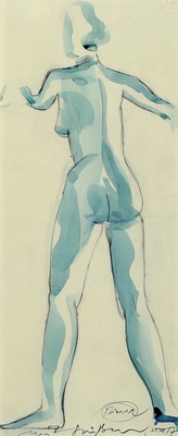 Otto Piene, 1928 - 2014, weiblicher Rückenakt, Aquarell über Bleistift,signiert, mit Widmung:"mit Grüßen" und dat. 28.X.77. PP: 40 x ...