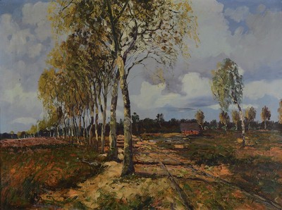 Johann Heinz Mindermann, 1872 Bremen-1959 Norderney, Norddeutsche Landschaft mit Birken und Bauernhaus, Öl/Lwd, rechts unten signiert, ca. 60x80cm, ...