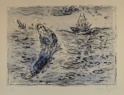 Marc Chagall, 1887-1985, Noah auf dem Meer, Farblithographie, handsigniert und num. 16/50, ca. 42x57cm, Blattgr. ca. 51x64cm, PP, u.Gl.,R. ca. 80x93cm