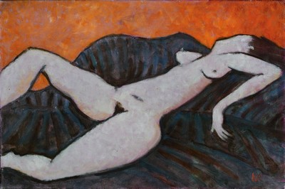 Klaus Rößler, 1939-2019, Maler in Usedom, liegender Akt, Öl/Lwd, rechts unten monogr., ca. 40x60cm