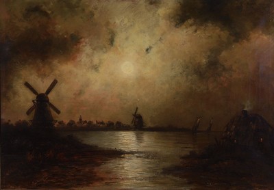 F. van Varenburgh oder ähnlich, wohl niederländischer Maler, 19/20. Jh., Mühlenlandschaft bei Mondlicht, impress. Malweise, fast geheimnisvolle ...