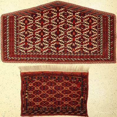 (2 Lots) 1x Yomud Asmalyk, 1x Ersari Mafrasch antik/alt, Turkmenistan, um 1910/1930, Wolle auf Wolle, EHZ: 2.