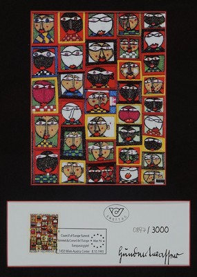 Friedensreich Hundertwasser, 1928-2000, Europarat-Gipfelkonferenz-Wien 1993, Farboffset und Briefmarke, sign., num. 0897/3000, unter Glas gerahmt, ...