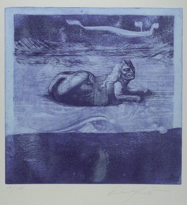 Ernst Fuchs, 1930-2015, Sphinx der Wüste Sinear, Aquatintaradierung von 1970, handsigniert, num. 58/100, ca. 49.5x49.5cm, Blattgr. ca. 89x62cm, ...