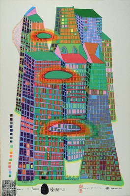 Friedensreich Hundertwasser, 1928-2000, Good Morning City Bleeding Town, Farbsiebdruck mit Metallfolienprägung, num. Serie C 573/ 10000, ca. ...