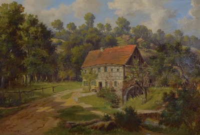 Max Walther, 1856 Dresden - 1910, Ansicht einer Mühle, wohl Schwarzwald, Beobachtung der sonnenbeschienenen Mühle im Kontrast zum kühlen Kolorit ...