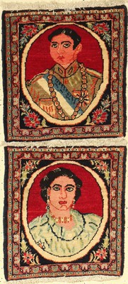1 Paar Khorassan alt, Persien, um 1920, Wolle auf Baumwolle, ca. 47 x 44 cm, Schah undseine Frau, EHZ: 2-3, selten