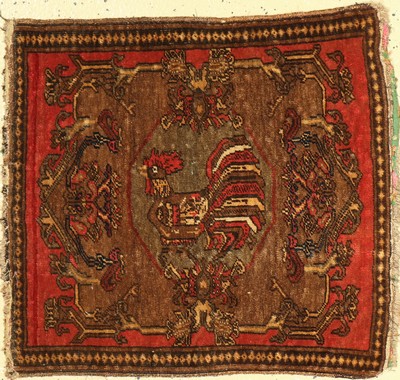 Bildteppich alt (Hahn), Persien, um 1920, Wolle auf Baumwolle, ca. 58 x 53 cm, EHZ: 3