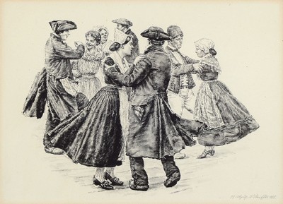 Heinrich Strieffler, 1872-1949 Landau, Ausbildung an der Akademie München, hier: Pfälzer Tanz, Lithografie, rechts unten signiert, Passepartout, ...