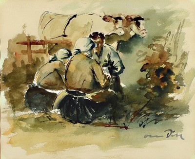 Otto Dill, 1884 Neustadt-1957 Bad Dürkheim, Bauer mit seinen Mägden und Kühen, Aquarell, rechts unten signiert, im Passepartout, unter Glas ...