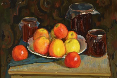 Hermann Croissant, 1897-1963 Landau, Stillleben mit Äpfeln und Tönkrügen, Öl/Holz, links oben signiert, ca. 39x57cm/46x65cm, Rahmen
