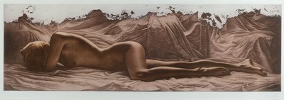 Willi Kissmer, 1951-2018, Faltengebirge, Farbradierung, handsign., num. 5/199, Werksverzeichnis-Nr. 63, Platte ca. 31x97 cm, unter Glas gerahmt, ...