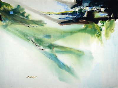 John Hardy, wohl britischer Künstler, Mitte 20. Jh., bez. "The Out-Tide", Öl/Lwd, abstrahierte Küstenlandschaft bei abfließender Flut, ...