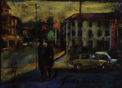 Sotto Turos, unleserlich signiert und dat. 66, wohl südamerikanische Stadtansicht am Abend mit Spaziergängern, Pastell Pastell, mehrfach ...