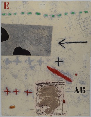 James Coignard, 1925-2008, Komposition E-AB, Farblithographie auf Bütten, mit Prägedruck, mit Seil collagiert, signiert, bez.: e.a., ca. 64x49cm, ...