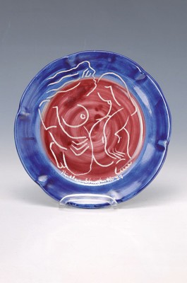 Franz Werner Müller-Steinfurth, 1952-2017 Speyer, Keramikteller von 1991, bunt bemalt und geritzt, signiert, hergestellt bei Ceramice vietri Mare ...