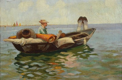 G. Gattoli, italienischer Maler um 1900-20, Fischer im Boot in der Lagune von Venedig, Öl/Lwd, krakeliert, rechts unten signiert, ca. 40x60cm, R. ...