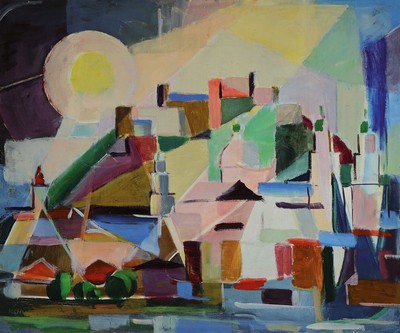 Karl Hufnagel, 1906 Harthausen-1995 Speyer, Sonne über einem Bergdorf, Öl/Sperrholz, links unten signiert, rückseitig ebenfalls bemalt mit einer ...
