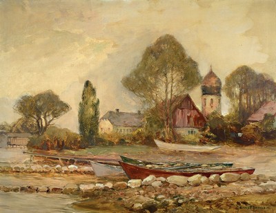 Ernst Jensen, 1863-1933, Seeuferlandschaft mit Fischerkähnen und Kapelle, Öl/Lwd, rechts unten signiert, ca. 70x90cm, R. ca. 90x110cm