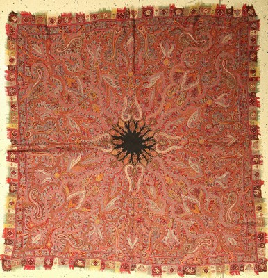 Kaschmir Shawl antik, Indien, um 1900, Wolle auf Wolle, ca. 140 x 140 cm, selten, sammelwürdig, EHZ: 2-3