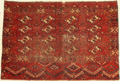 Tekke "Tschowal" antik, Turkmenistan, 1.Hälfte 19.Jhd.,, Wolle auf Wolle, ca. 103 x 71 cm, seltene Bordüre, (Alters und Gebrauchsspuren)