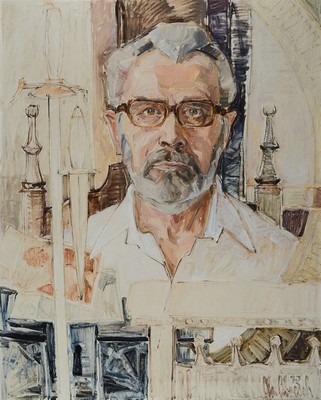 Christel Abresch, 1931 Sulzbach-2011 Neustadt, Herrenporträt vor Architektur Kulisse,Öl/Lwd, rechts unten signiert und dat. 72, ca. 75x60cm